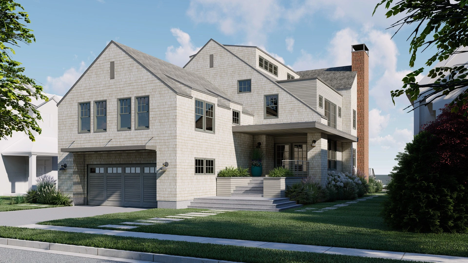 Modern coastal home with shingled facade, multiple gables, brick chimney, and horizontal railings on covered entrance.