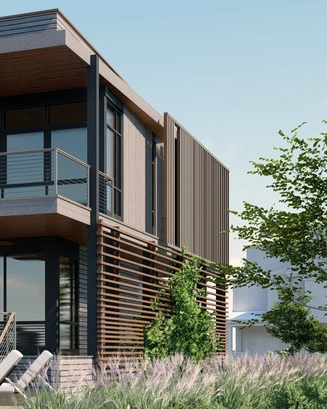 Modern residential structure with stacked wood-clad volumes, horizontal louvers, and cantilevered upper deck overlooking landscape.