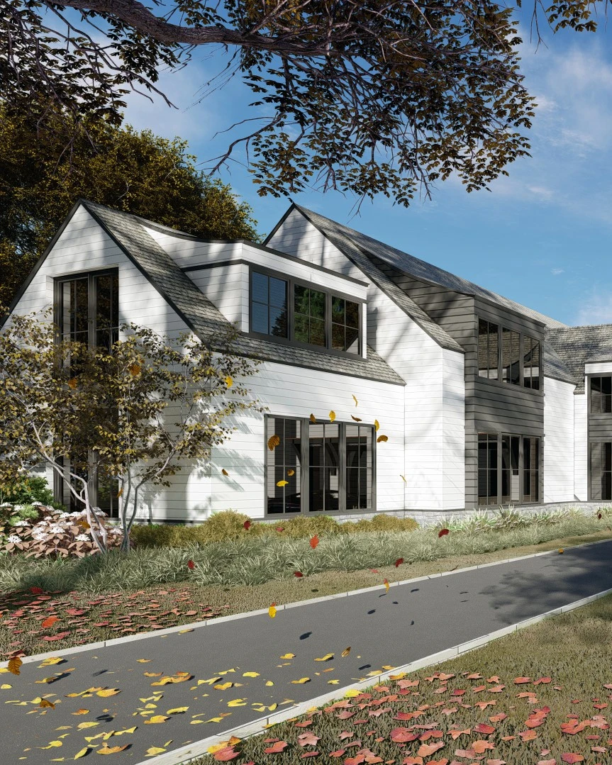 Modern farmhouse with white board-and-batten siding, dramatic gabled roof forms, and extensive glazing framing the front elevation.