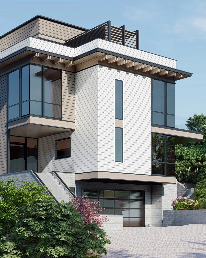 Modern three-story residential home with white horizontal siding, large gridded windows, cantilevered upper deck, and dark metal roof details.