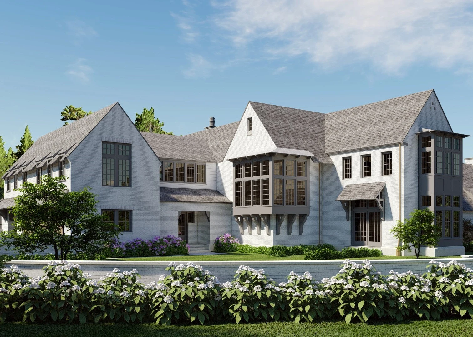 Modern farmhouse estate with white brick facade, multiple gabled rooflines, and decorative timber detailing on central entrance pavilion.