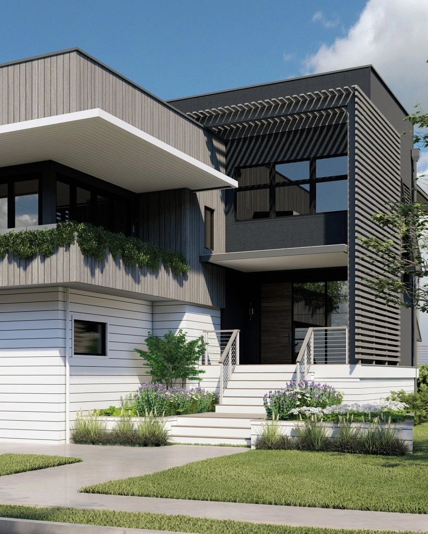 Modern two-story residential home with white horizontal siding, dark metal corrugated cladding, cantilevered upper level, and pergola shade structure.