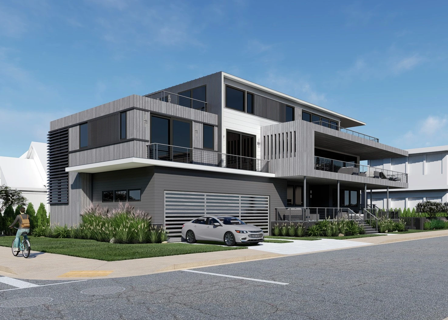 Modern two-story residential home with corrugated metal and horizontal slatted facade, cantilevered upper level, and integrated carport.