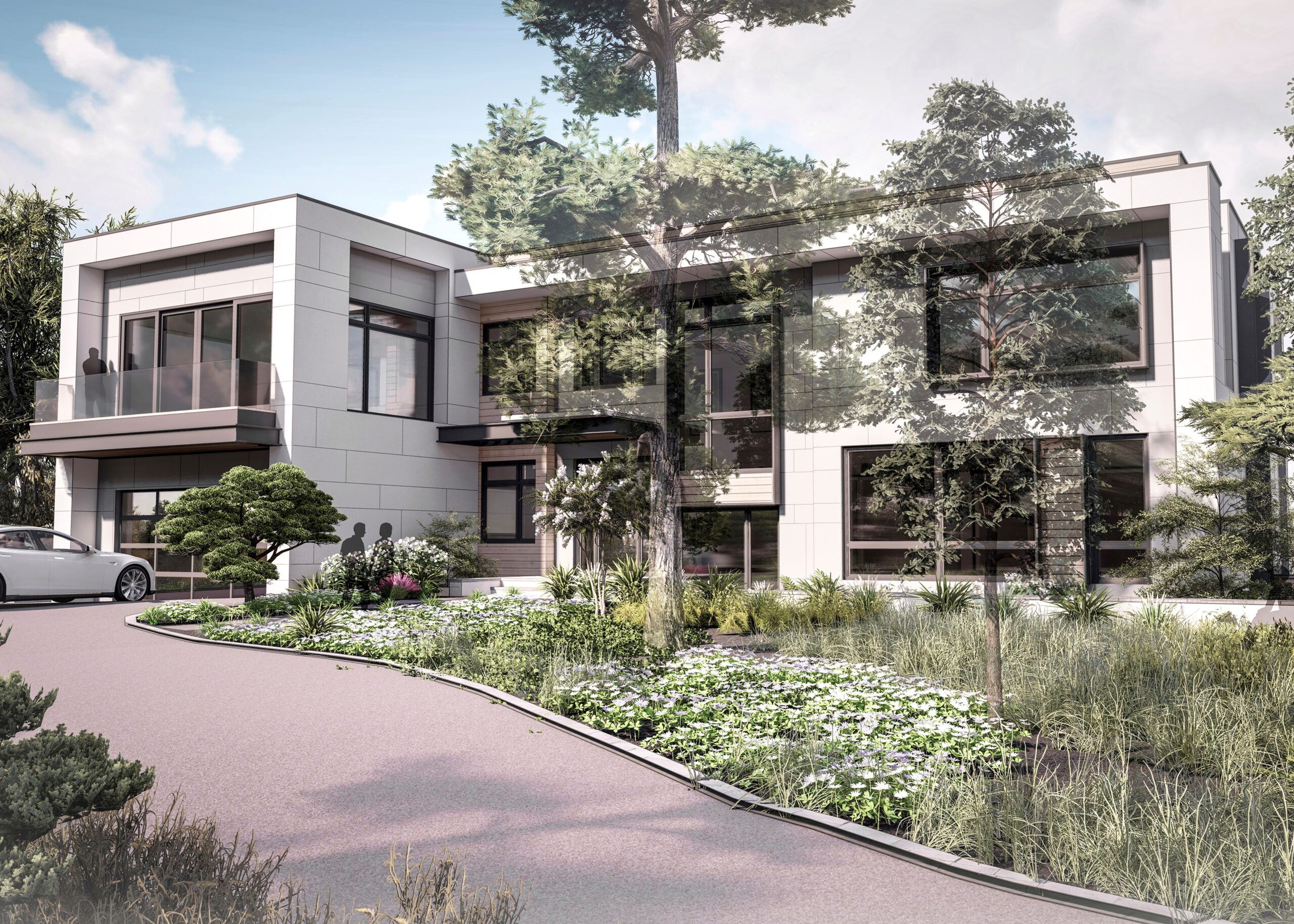 Contemporary residential home with white cladding, expansive glazing, and integrated landscape design featuring native plantings and mature trees.