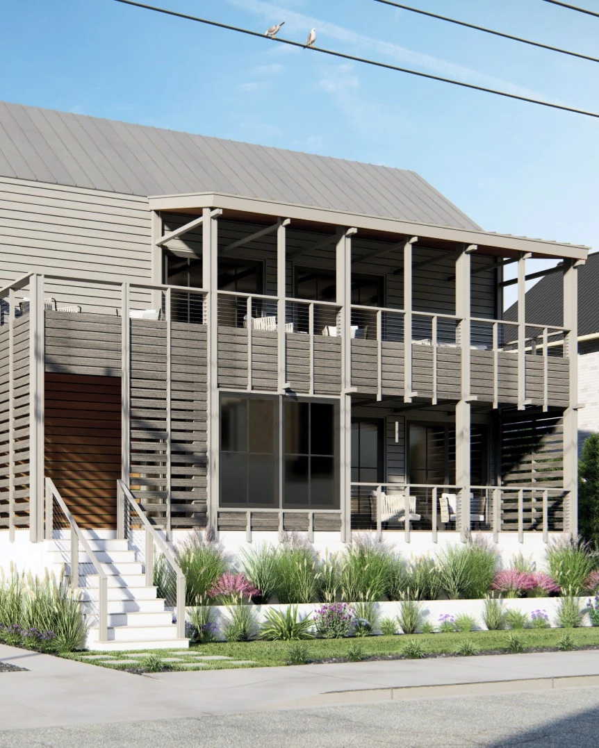 Modern two-story house with horizontal siding, metal roof, cable railing, and covered porches featuring louvered screens.