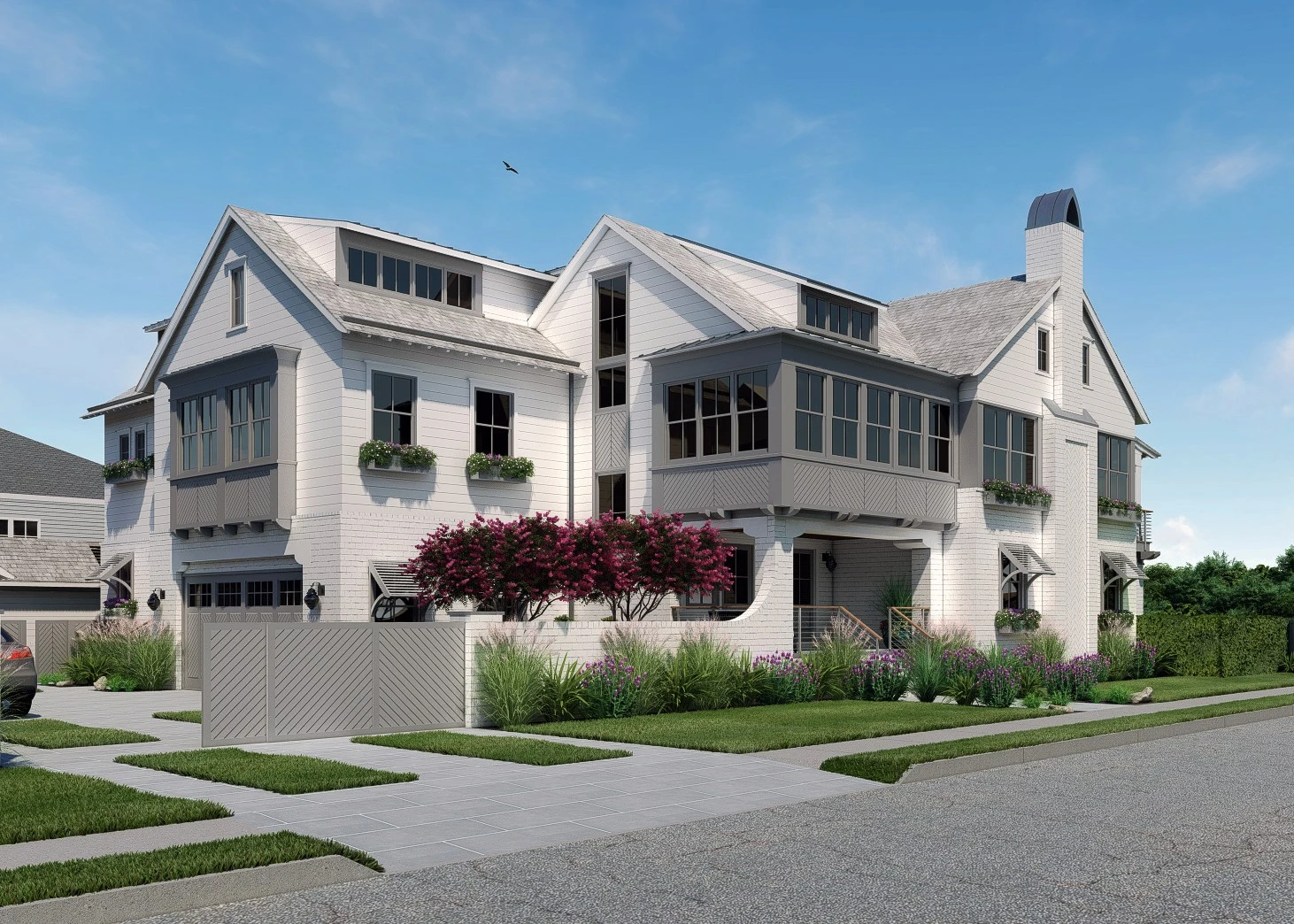 Modern white farmhouse with multiple gables, screened porches, and decorative horizontal siding details.