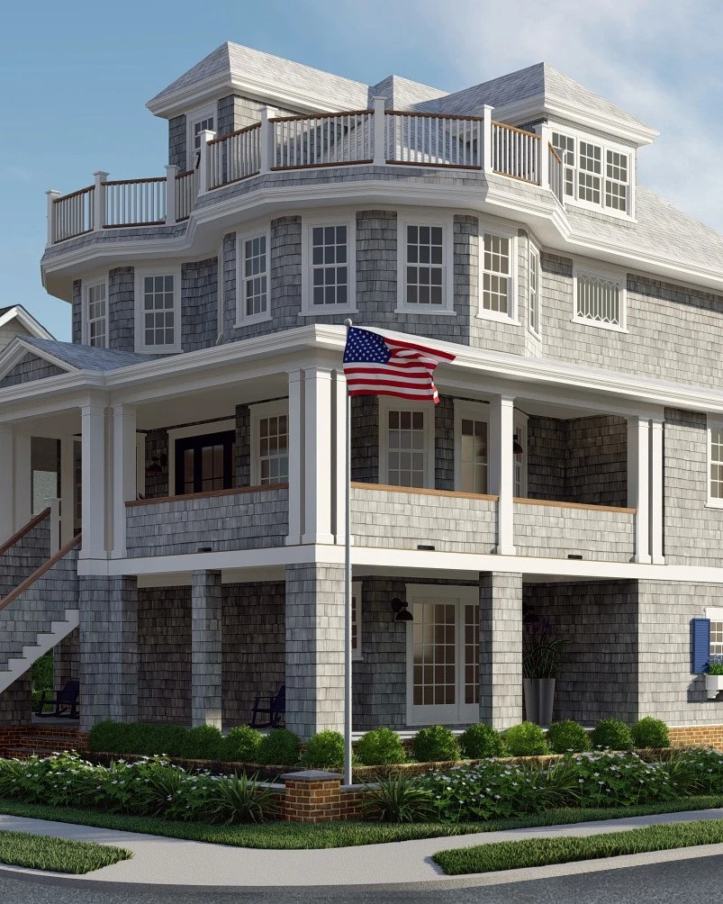 Modern coastal residence with shingle facade, wraparound porches, cupola, and multi-level design.