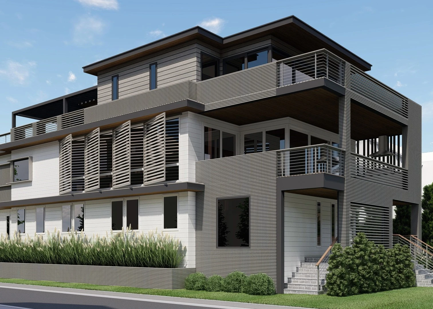 Modern three-story residential home with horizontal siding, metal railings, louvered screens, and cantilevered balconies.