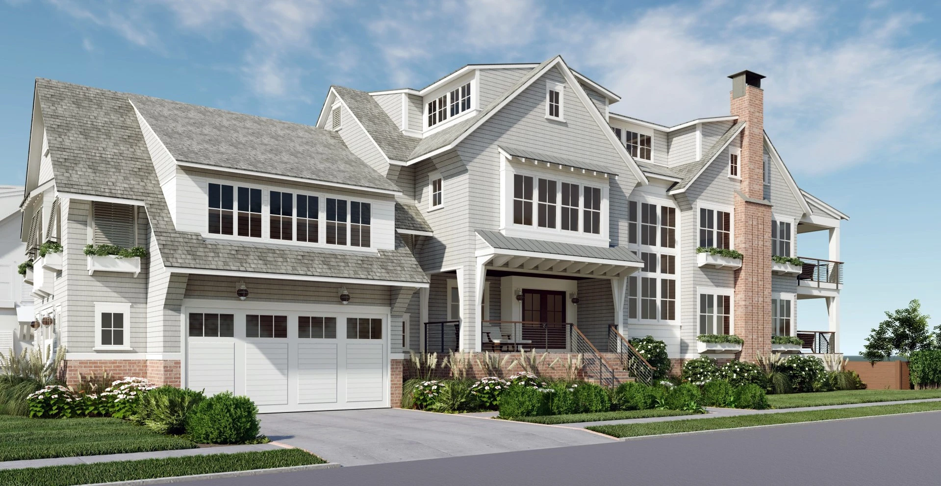 Modern farmhouse elevation with white siding, brick chimney, multi-gable roof, and two-car garage.