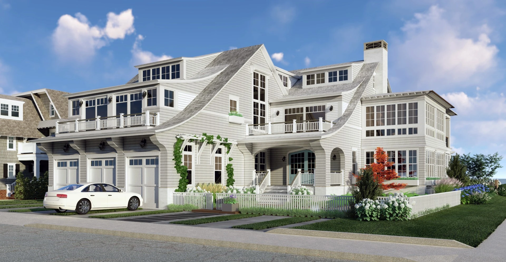 Modern farmhouse with white clapboard siding, multi-gabled roofline, arched entry portico, and three-car garage.