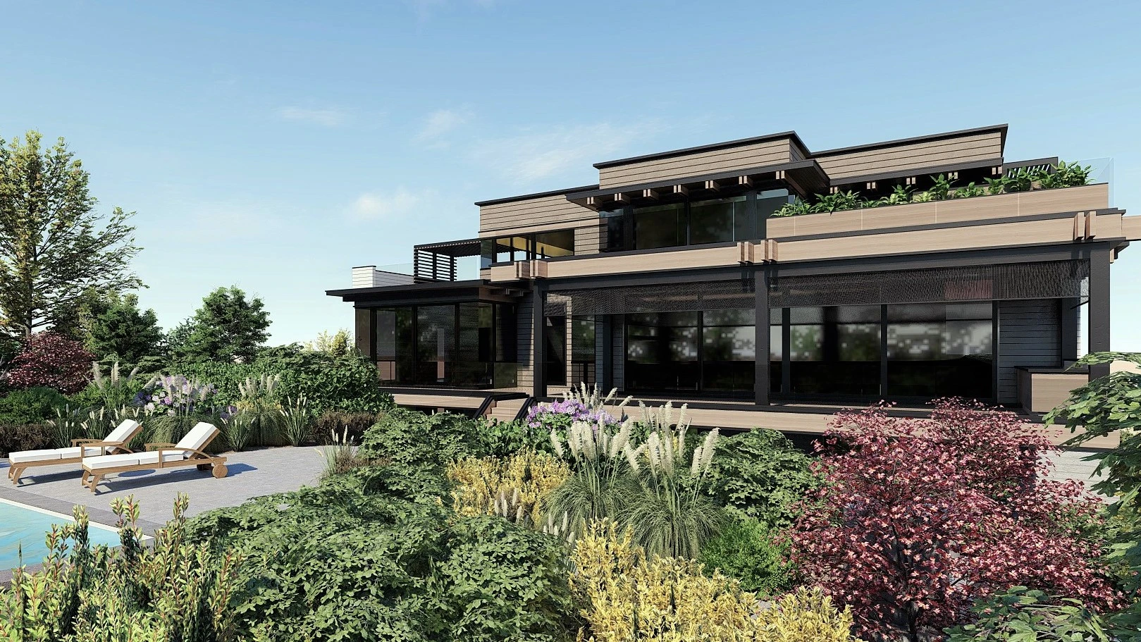Modern residential home with black metal framing, horizontal wood and metal cladding, extensive glazing, and elevated deck overlooking landscaped gardens.